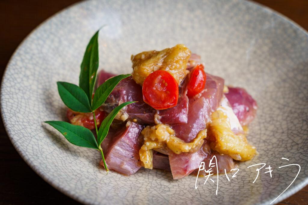 鰤、焼き茄子、焼きトマトの白だしガーリックオイル